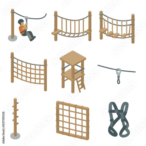High-Ropes Course Icons. Isometric Flat icon set of high-ropes course features: zip line, rope bridge, suspension bridge, net