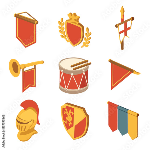 Heraldry Icon Set. Isometric Flat icon set of heraldry and banners: banner, emblem, standard, trumpet, drum, pennant, crest, coat
