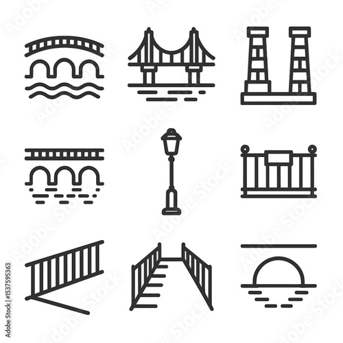 Heritage Bridge Icons. Outline icon set of heritage bridge cycling crossings: arched bridge, suspension cable, stone pillar, river