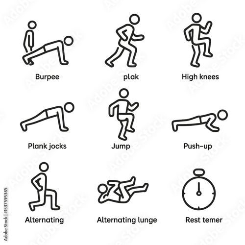 HIIT Exercise Icons. Outline icon set of full-body HIIT intervals: burpee, mountain climber, high knees, plank jacks, jump squat,