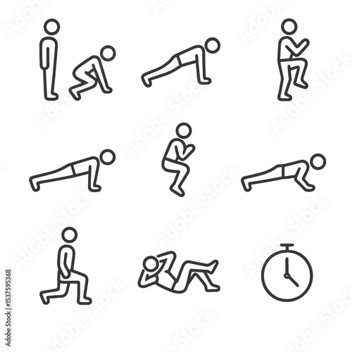 HIIT Exercise Icons. Outline icon set of full-body HIIT intervals: burpee, mountain climber, high knees, plank jacks, jump squat,