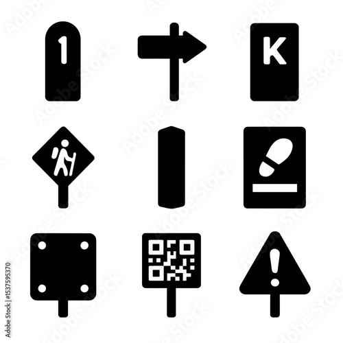 Hiking Trail Marker Icons. Solid, Filled icon set of hiking trail markers: milepost, directional arrow, kilometer marker,
