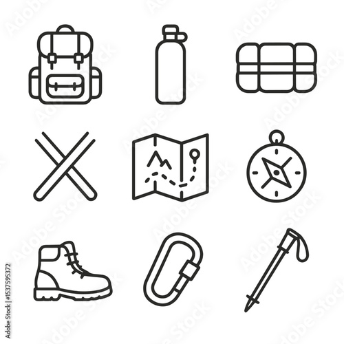 Hiking Gear Icons. Outline icon set of hiking backpack pack: backpack, water bottle, sleeping bag, tent poles, map, compass,