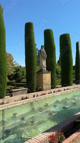 Cordoba, Spain - Alcazar gardens in Cordoba, Spain, Jardines del Alcazar de los Reyes Cristianos, water fountain with statue of king and queen and Christopher Columbus