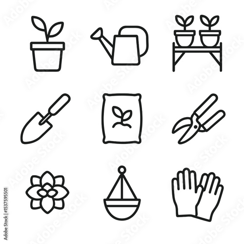 Indoor Gardening Icons. Outline icon set of couple indoor gardening: potted plant, watering can, plant stand, trowel, soil bag,