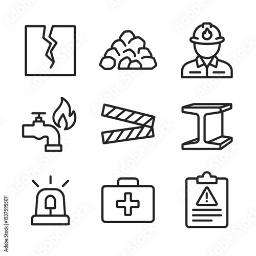 Industrial Explosion Icons. Outline icon set of industrial explosion aftermath: cracked concrete, rubble pile, fire investigator,