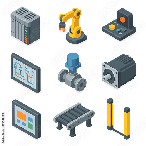 Industrial Automation Icons. Isometric Flat icon set of industrial automation equipment: PLC controller, robotic arm, sensor