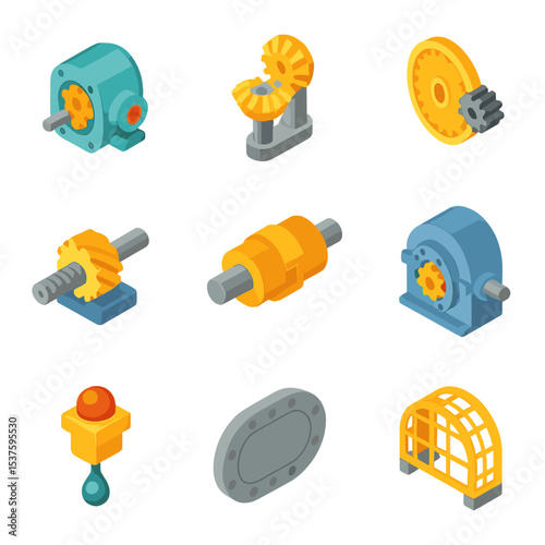 Industrial Machinery Icons. Isometric Flat icon set of industrial machinery assemblies: gear pump, bevel gear assembly, elliptical