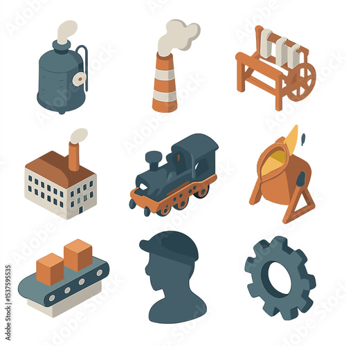 Industrial Revolution Icons. Isometric Flat icon set of Industrial Revolution: steam engine boiler, factory chimney stack,