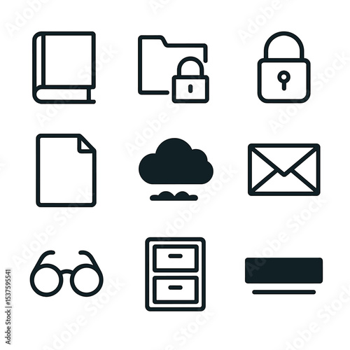 Information Restriction Icons. Outline icon set of lack of information: closed book, locked folder, padlock, blank page, dark