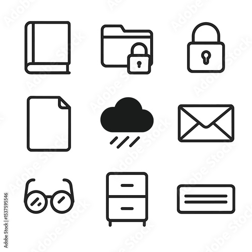 Information Restriction Icons. Outline icon set of lack of information: closed book, locked folder, padlock, blank page, dark