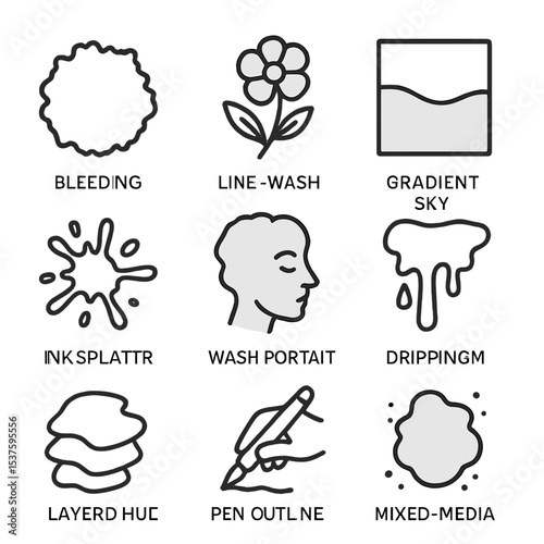 Ink and Watercolor Icons. Outline icon set of ink-and-watercolor blends: bleeding edges, line-and-wash flower, gradient sky, ink