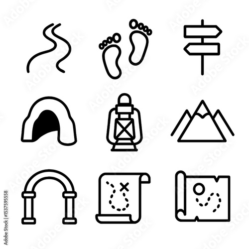 Inner Journey Icons. Outline icon set of inner journey: winding path, footprints, signpost, compass, cave entrance, lantern,