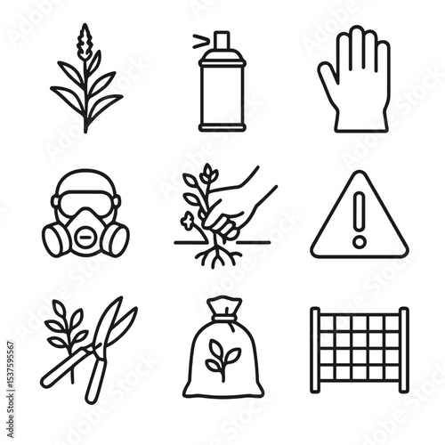 Invasive Species Control Icons. Outline icon set of invasive species control: invasive weed, herbicide spray can, protective