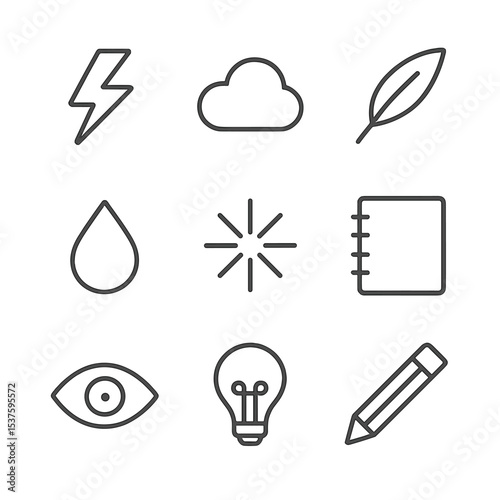 Inspiration Icons Grid. Outline icon set of flash of inspiration: lightning bolt, cloud, quill pen, ink drop, spark, notebook, eye