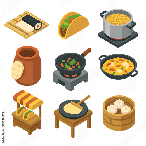 International Cuisine Icons. Isometric Flat icon set of international cuisine stations: sushi rolling mat, taco shell, pasta pot,