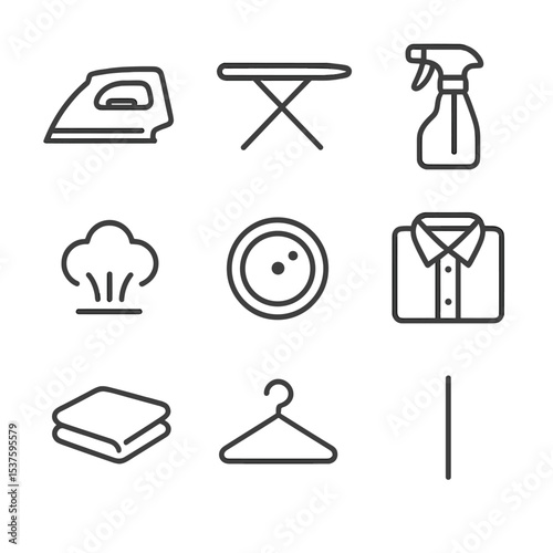 Ironing Essentials Icons. Outline icon set of ironing essentials: iron, ironing board, spray bottle, steam icon, heat settings