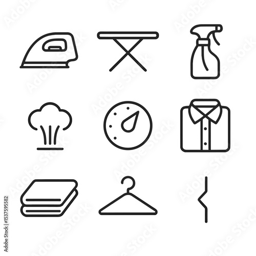 Ironing Essentials Icons. Outline icon set of ironing essentials: iron, ironing board, spray bottle, steam icon, heat settings