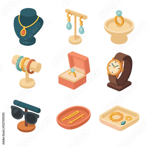 Jewelry Accessory Icons. Isometric Flat icon set of jewelry and accessories: necklace stand, earring holder, ring dish, bracelet