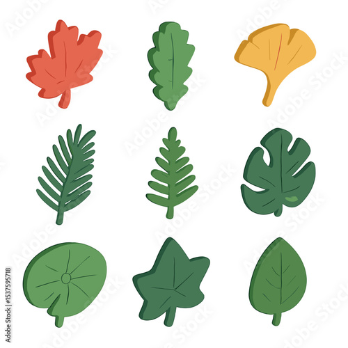 Leaf Icon Grid. Isometric Flat icon set of leaf shapes: maple leaf, oak leaf, ginkgo leaf, palm frond, fern frond, monstera leaf,