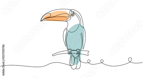 Toucan one line doodle drawing with watercolor fill, minimalistic vector illustration on white background

