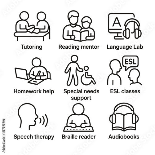 Literacy Support Icons. Outline icon set of literacy support services: tutoring, reading mentor, language lab, homework help,