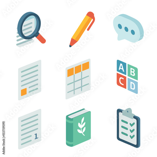 Literary Tools Icons. Isometric Flat icon set of Poetry Analysis and Criticism: magnifying glass over text, annotation pen,