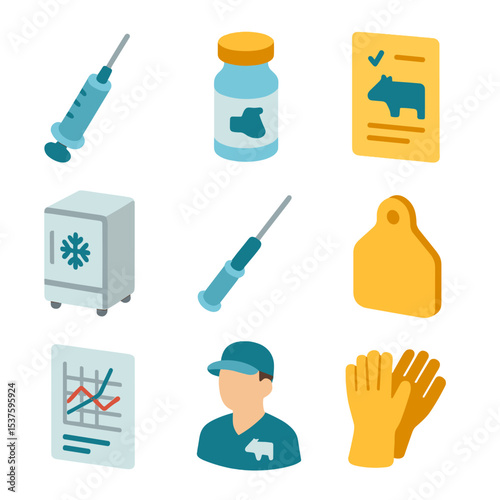 Livestock Vaccination Tools. Isometric Flat icon set of livestock vaccination and immunization tools: syringe, vaccine vial,