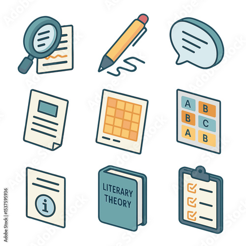 Literary Tools Icons. Isometric Flat icon set of Poetry Analysis and Criticism: magnifying glass over text, annotation pen,