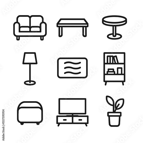 Living Room Icons. Outline icon set of living room furniture: sofa, coffee table, side table, floor lamp, rug, bookshelf, pouf, TV