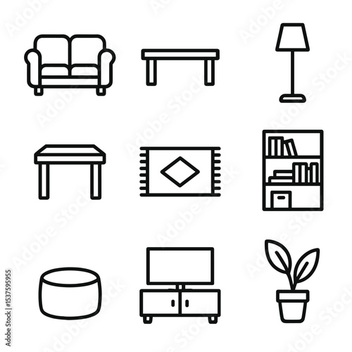 Living Room Icons. Outline icon set of living room furniture: sofa, coffee table, side table, floor lamp, rug, bookshelf, pouf, TV