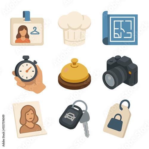 Luxury Service Icons. Isometric Flat icon set of bespoke service gifts: personal stylist badge, private chef hat, interior design
