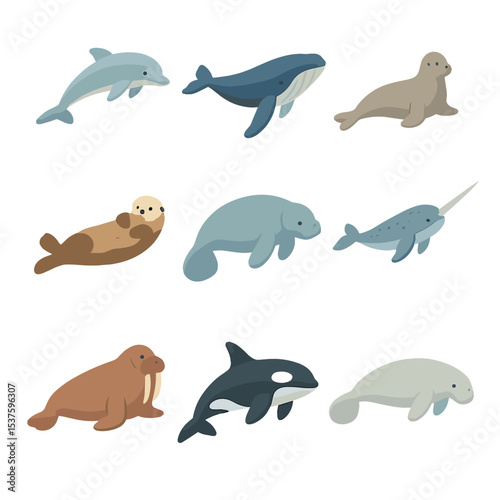 Marine Mammal Icon Grid. Isometric Flat icon set of marine mammals: dolphin, humpback whale, seal, sea otter, manatee, narwhal,