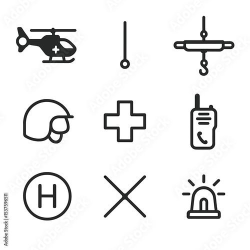 Medevac Icon Set. Outline icon set of medevac helicopter operation: helicopter silhouette, winch cable, stretcher hook, pilot