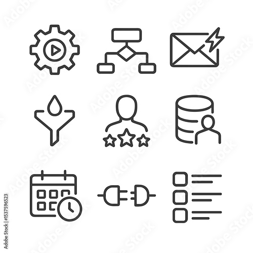 Marketing Automation Icons. Outline icon set of marketing automation: gear with play symbol, workflow flowchart, email trigger,