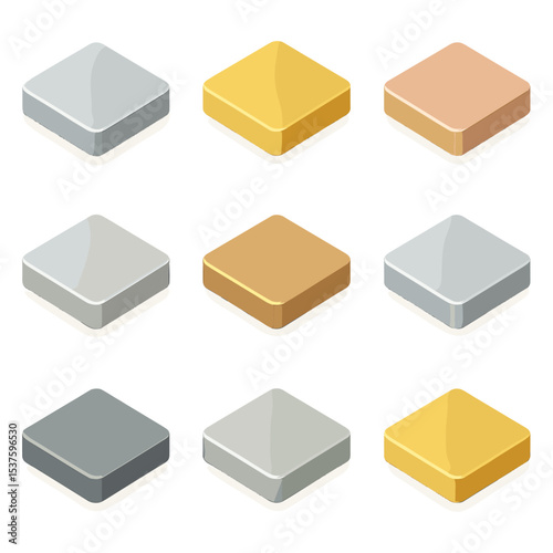 Material Icon Grid. Isometric Flat icon set of case materials and finishes: stainless steel, yellow gold, rose gold, platinum,