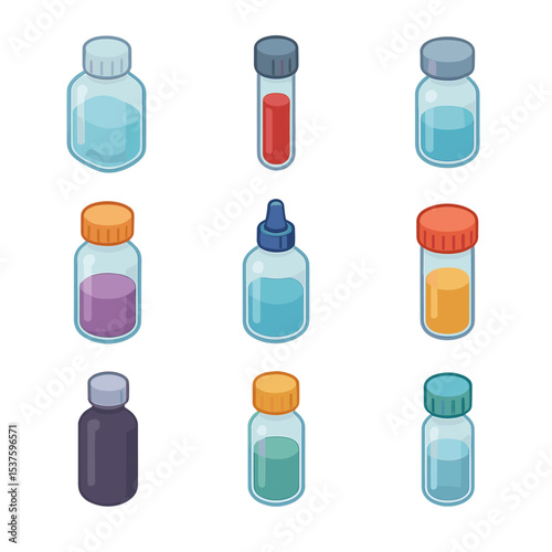 Medical Vial Icons. Isometric Flat icon set of medical and lab vials: saline solution, blood sample, vaccine vial, antibiotic