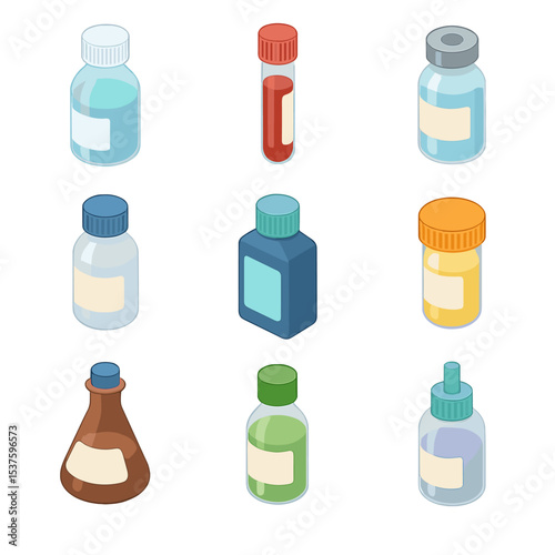 Medical Vial Icons. Isometric Flat icon set of medical and lab vials: saline solution, blood sample, vaccine vial, antibiotic