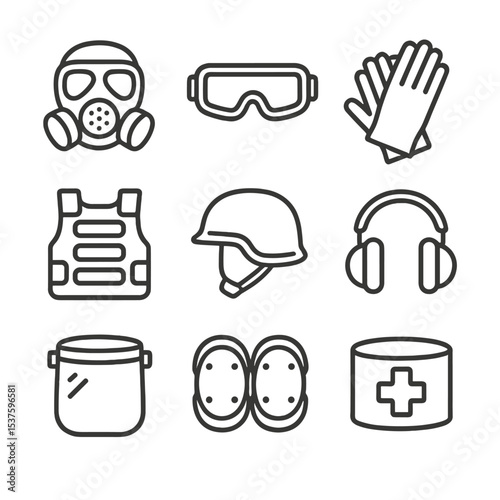 Medic Gear Icon Set. Outline icon set of medic protective gear: gas mask, ballistic goggles, nitrile gloves, body armor, combat