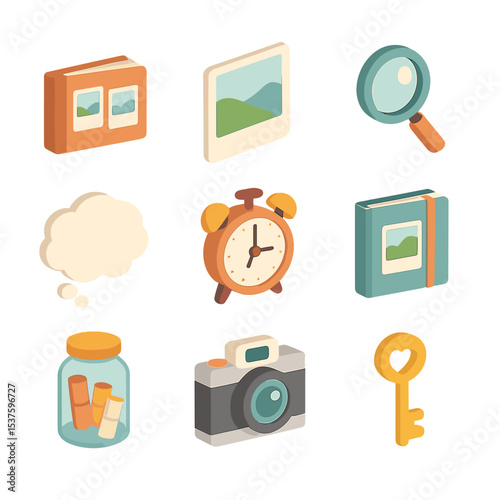 Memory Icon Collection. Isometric Flat icon set of memory and reflection: photo album, Polaroid picture, magnifying glass, thought