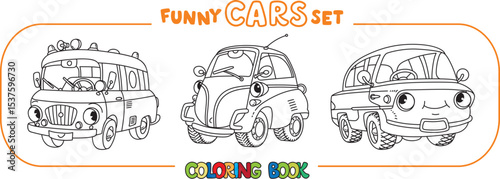 Funny vintage buses with eyes. Coloring book set