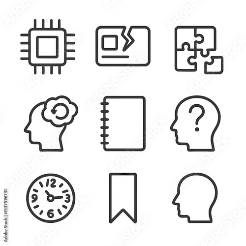 Memory Icons Grid. Outline icon set of memory impairment: memory chip, broken card, missing puzzle piece, recall thought cloud,