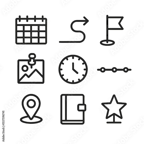 Memory Lane Icons. Outline icon set of memory lane timeline: calendar strip, arrow path, milestone flag, photo pin, clock face,