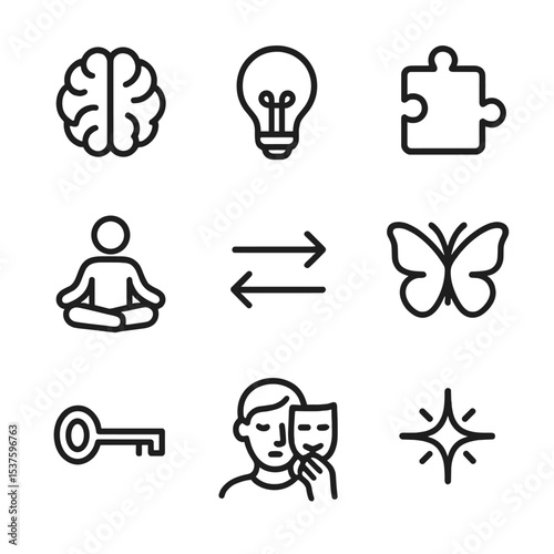 Mental Transformation Icons. Outline icon set of mental transformation: brain, lightbulb, puzzle piece, lotus pose, shift arrows,