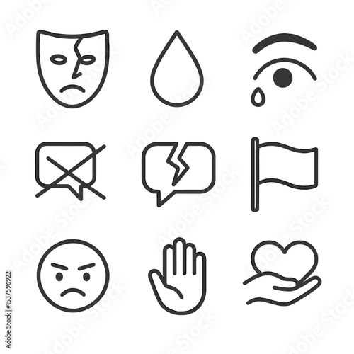 Microaggression Awareness Icons. Outline icon set of microaggression awareness: cracked mask, crossed words, tear drop, raised