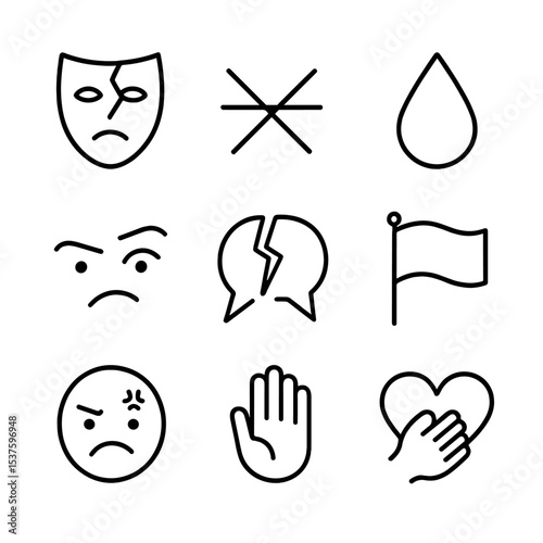 Microaggression Awareness Icons. Outline icon set of microaggression awareness: cracked mask, crossed words, tear drop, raised