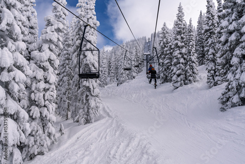 Snowboarder/skier riding a chairlift through the snowy trees at Steamboat Springs ski area in the winter