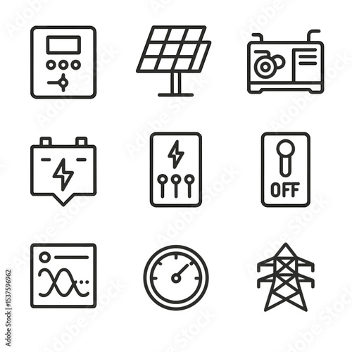 Microgrid System Icons. Outline icon set of microgrid systems: microgrid controller, solar array, diesel generator, battery