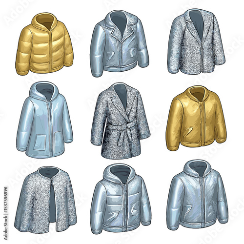 Metallic Outerwear Icons. Isometric Flat icon set of metallic outerwear: gold puffer jacket, silver biker jacket, sequin blazer,