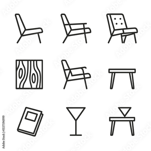Mid-Century Lounge Icons. Outline icon set of mid-century lounge chair: angled legs, low seat, slanted backrest, wood veneer, arm